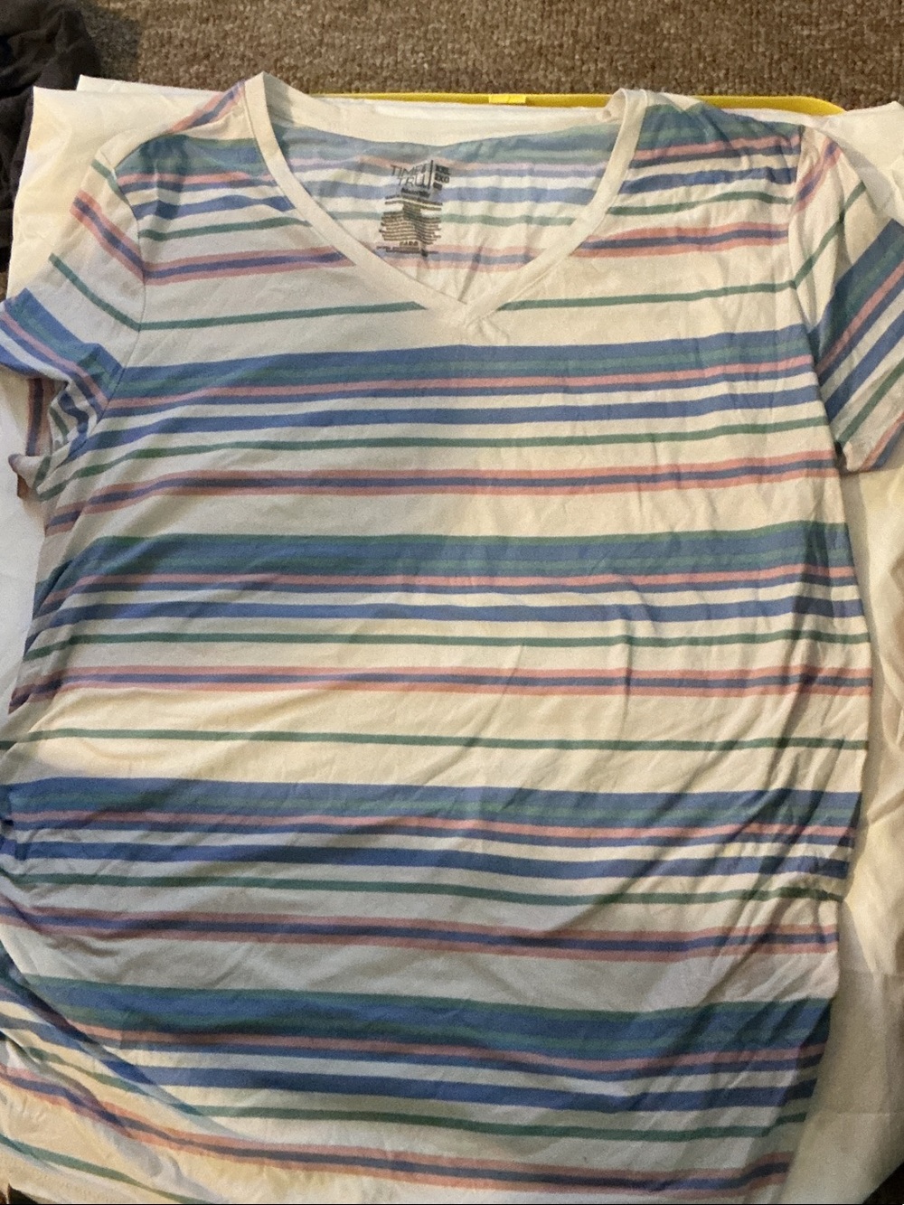 Pastel Multi-Stripe V-Neck Short Sleeve Tee — White/Multicolor